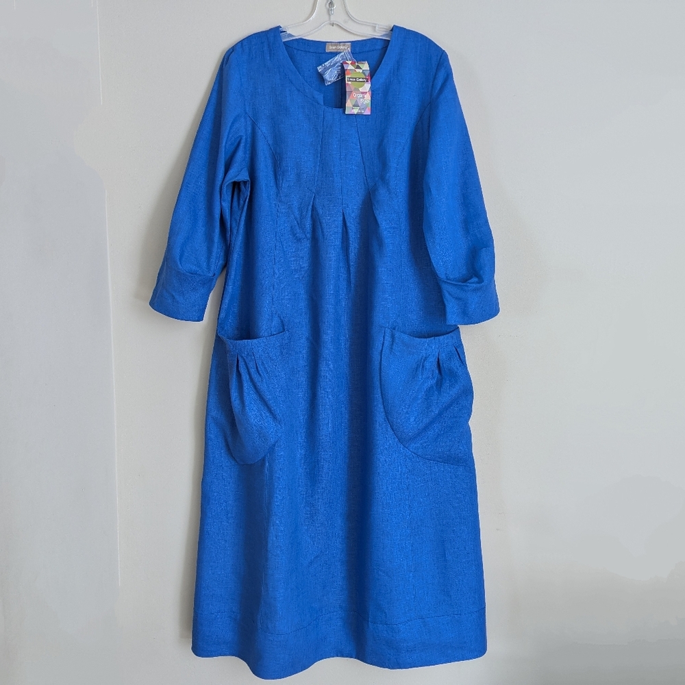LINEN GALLERY Organic Style Dress Women's Blue Long Sleeve 100% Linen Size M NEW